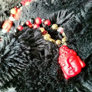 Authentic Gemstone Necklace, Men w Buddha Protection, Red Gold Black